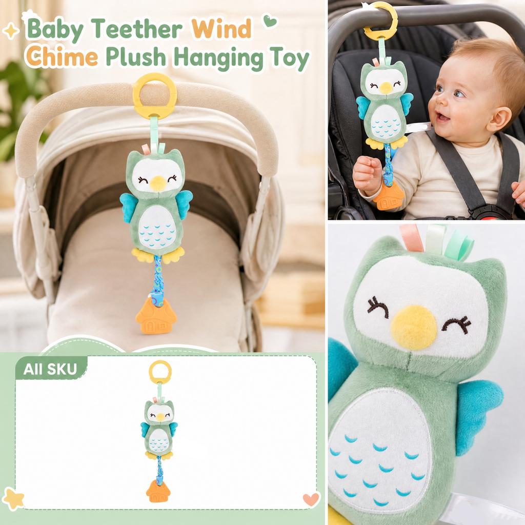 Baby Plush Hanging Toy with Rattle and Teether for Car Stroller