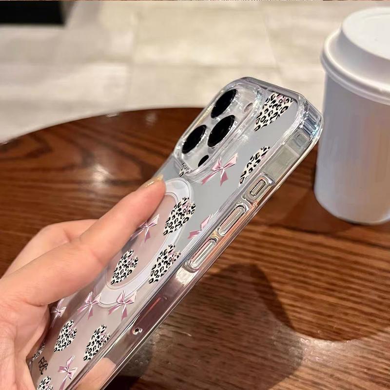 Leopard Print Heart Pink Bow Magnetic Phone Case For iPhone 17 Pro 16 15 14 13 12 11 17 Pro Max 7 8 Plus 16E 17 Air Clear Cover