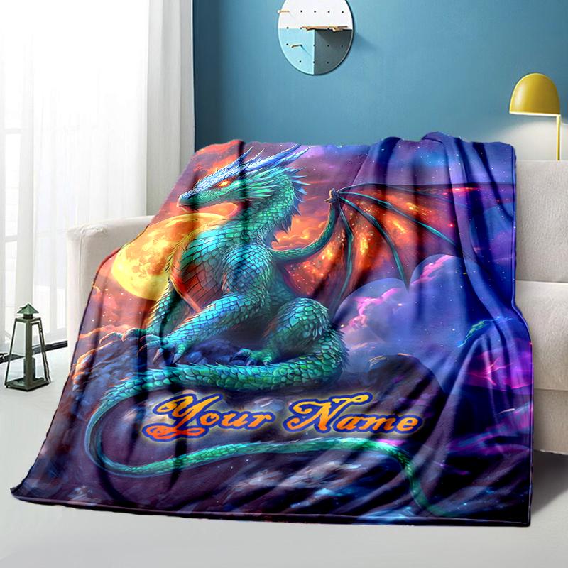 1PC Custom Name Fantasy Dragon Moon Night Flannel Blanket Versatile,all-season Throw Suitable for the Living Room,bedroom,camping,travel,and Gift