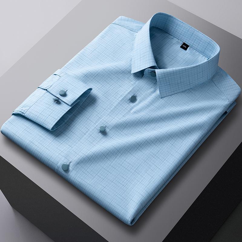 New In Shirt Elastic Plaid Casual Long Sleeve Shirts for Men Slim Fit Formal Shirt Fashion Easy-care Elegants Business Clothes