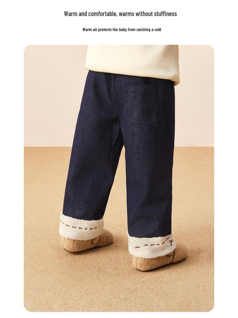 Antibacterial Temperature Lock Plus Velvet Warm Wide-Leg Girls' Jeans - Baby/Toddler Autumn & Winter Pants