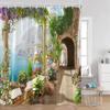 European Arched Door Shower Curtains European Garden Flowers Plants Bathroom Decoration Vintage Polyester Bath Curtain with Hook