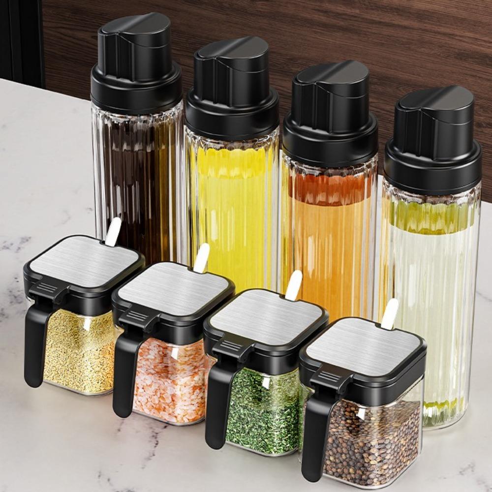 4Pcs with Spoon Seasoning Box Set Glass Spice Containers Combination Seasoning Jars  Sugar