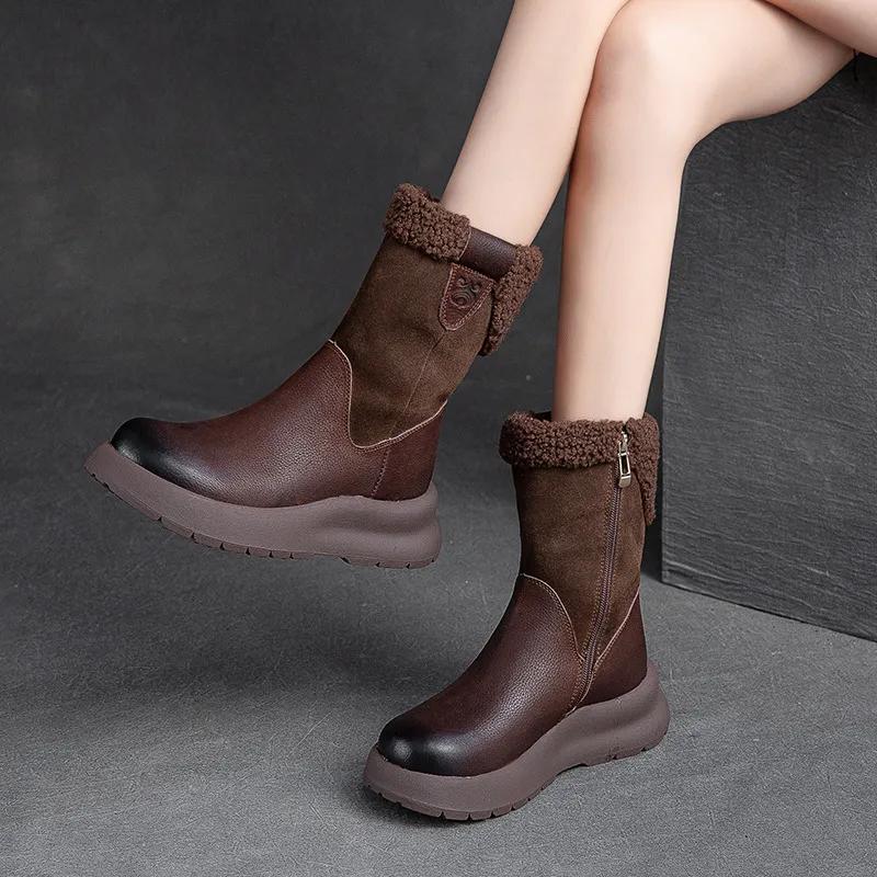 Johnature Damen Winter Plüsch Warme Kurze Stiefel Retro Bequeme Echtes Leder Einfarbig Vielseitige Schuhe
