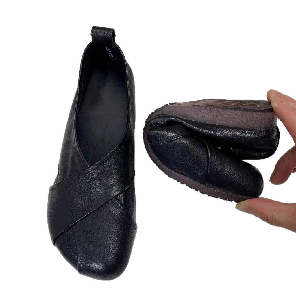 Soft-soled Mother Spring and Autumn Shallow Mouth Single Shoes Women's Flat-soled Soft Leather Middle-aged and Elderly New Retro One-pedal Wome
