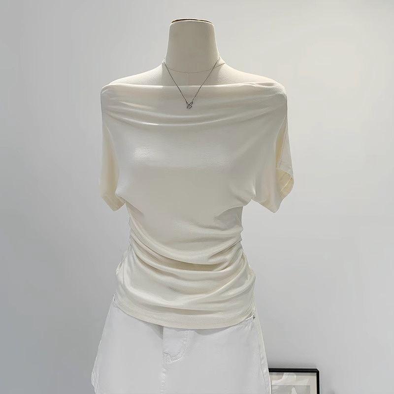 Summer Pure Desire One Shoulder Black Short Sleeve Women's T-shirt Korean Style Slimming Top Exposed Shoulder Fashionable