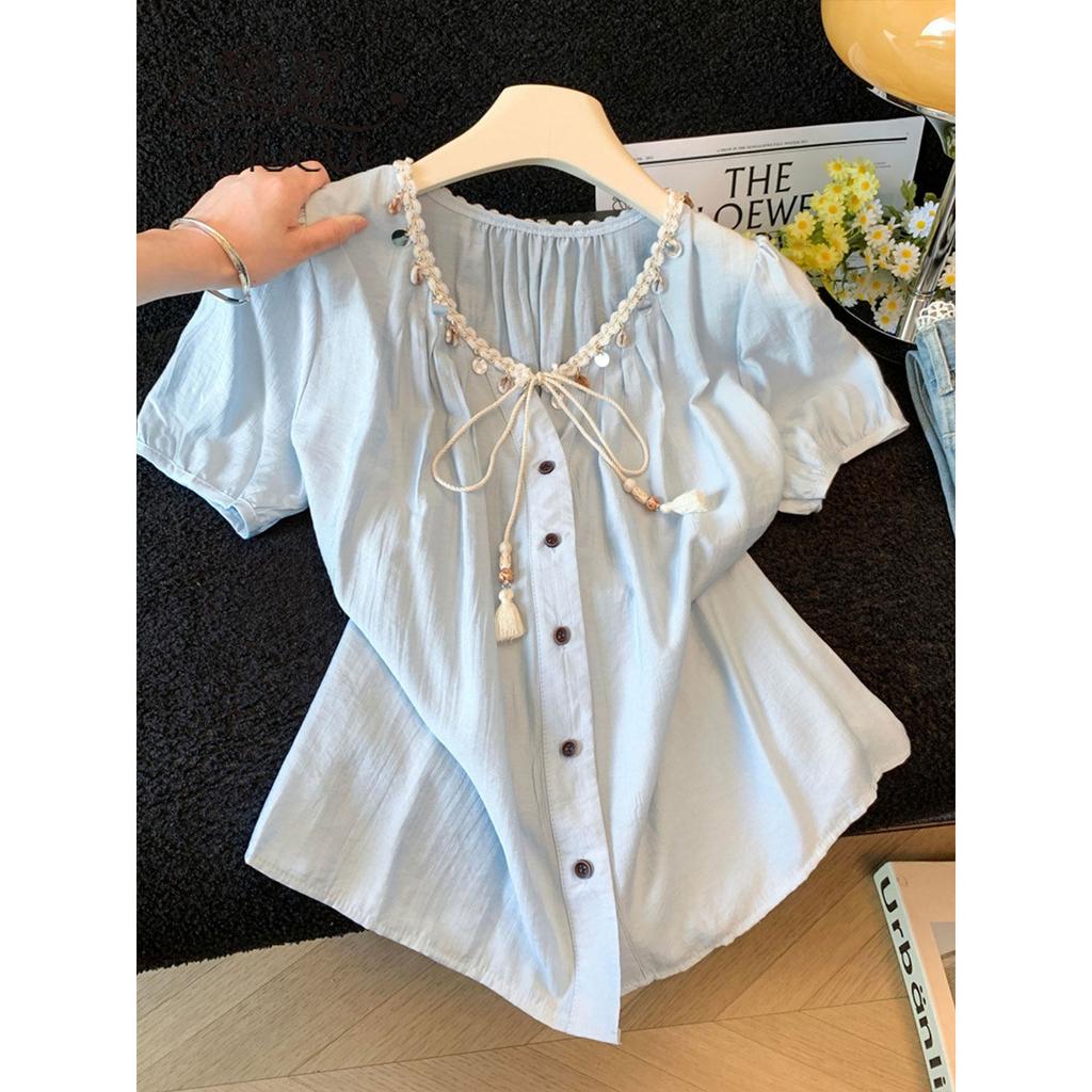 French retro short-sleeved shirt women's new summer bubble-sleeved shirt fat MM meat-covering and thin top A