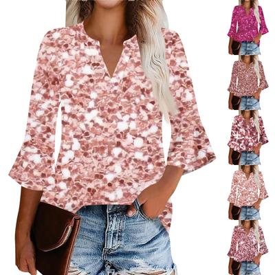 Women's  Neck Ruffle Sleeve Sequin Print Three-quarter Sleeve Top