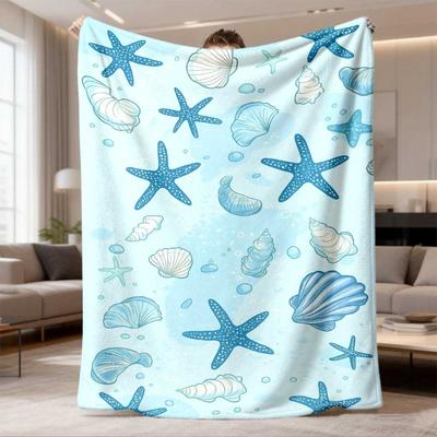 2026 Neuankunft Flanelldecke Weiche Flanelldecke Hellblaue Überwurfdecke Ozeanisch mit Seestern & Meeresbewohnern, Ganzjahres Sofa Bett Reise Camping Dekoration