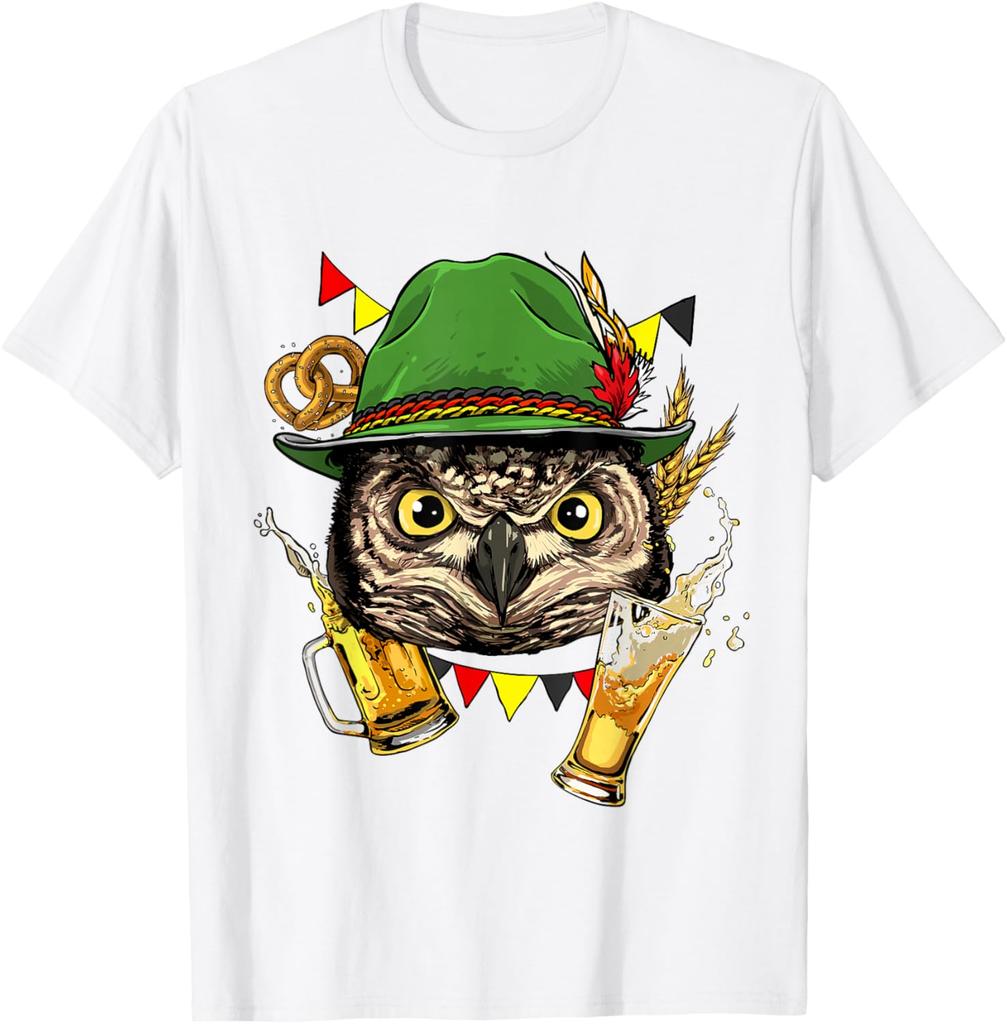 Owl Oktoberfest Beer Mug Bavarian Festival Graphic Tee Casual Cotton Short Sleeve T-Shirt