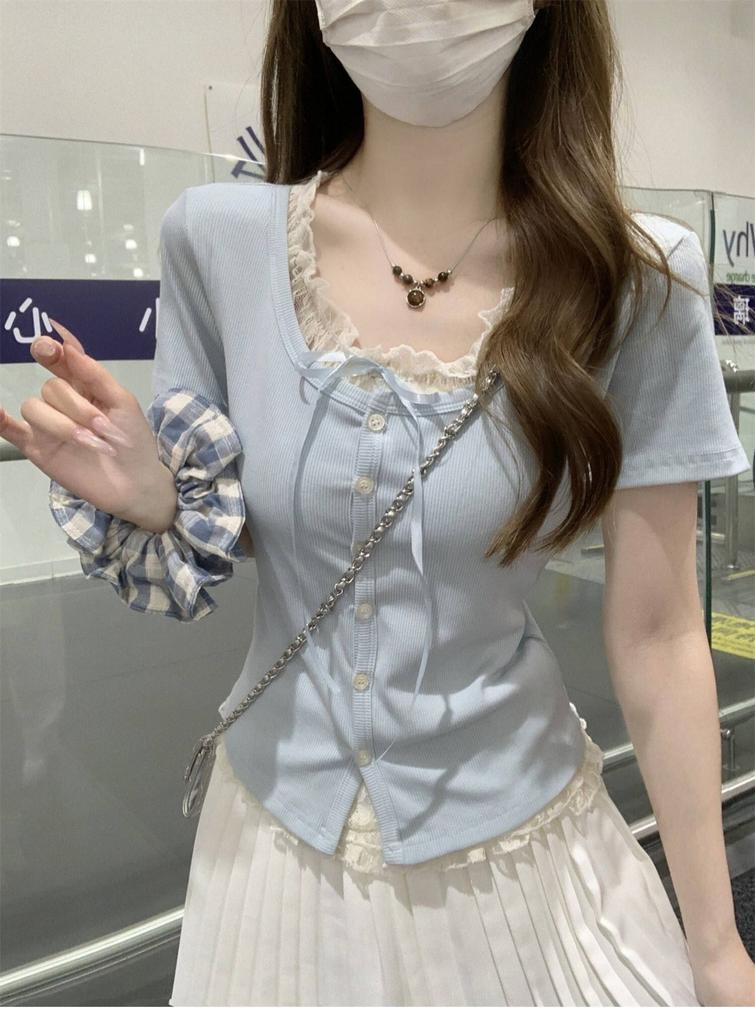 Korean version of pure lace lace splicing fake two-piece T-shirt summer new design short-sleeved top women