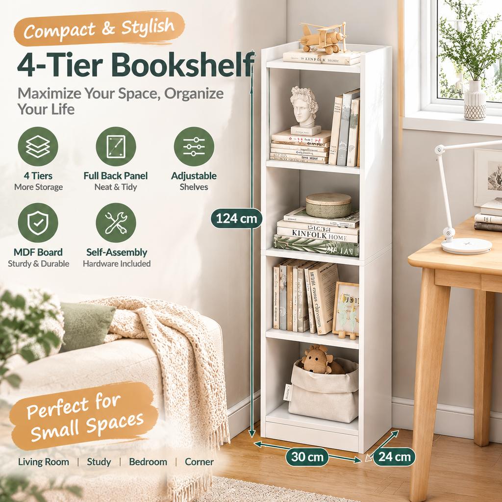 Freestanding Bookshelf Storage Shelf, Warm White, MDF, Full Back Panel, Adjustable Shelves