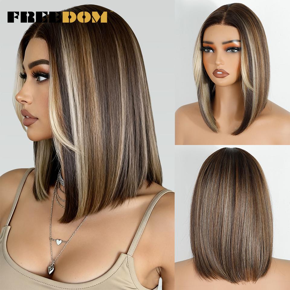 

FREEDOM Synthetic Lace Wig With Bangs12 Inch Short Bob Pre-Cut Pre Plucked Lace Wigs For Women Ombre Brown Blonde White Wigs (as the picture,12inches)