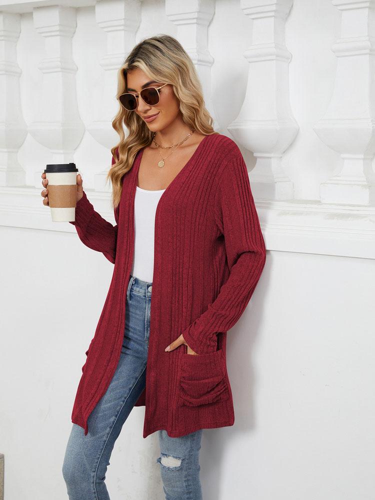 Autumn and Winter New Pit Stripes Long-sleeved Pockets Casual Solid Color Cardigan Jacket Long Cardigan Women Tops Kawaii Sweater