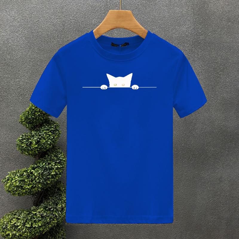Men's Summer Cotton Fashionable Casual Loose Large Cute Cat Pattern Printed Round Neck Short Sleeve T-shirt Top