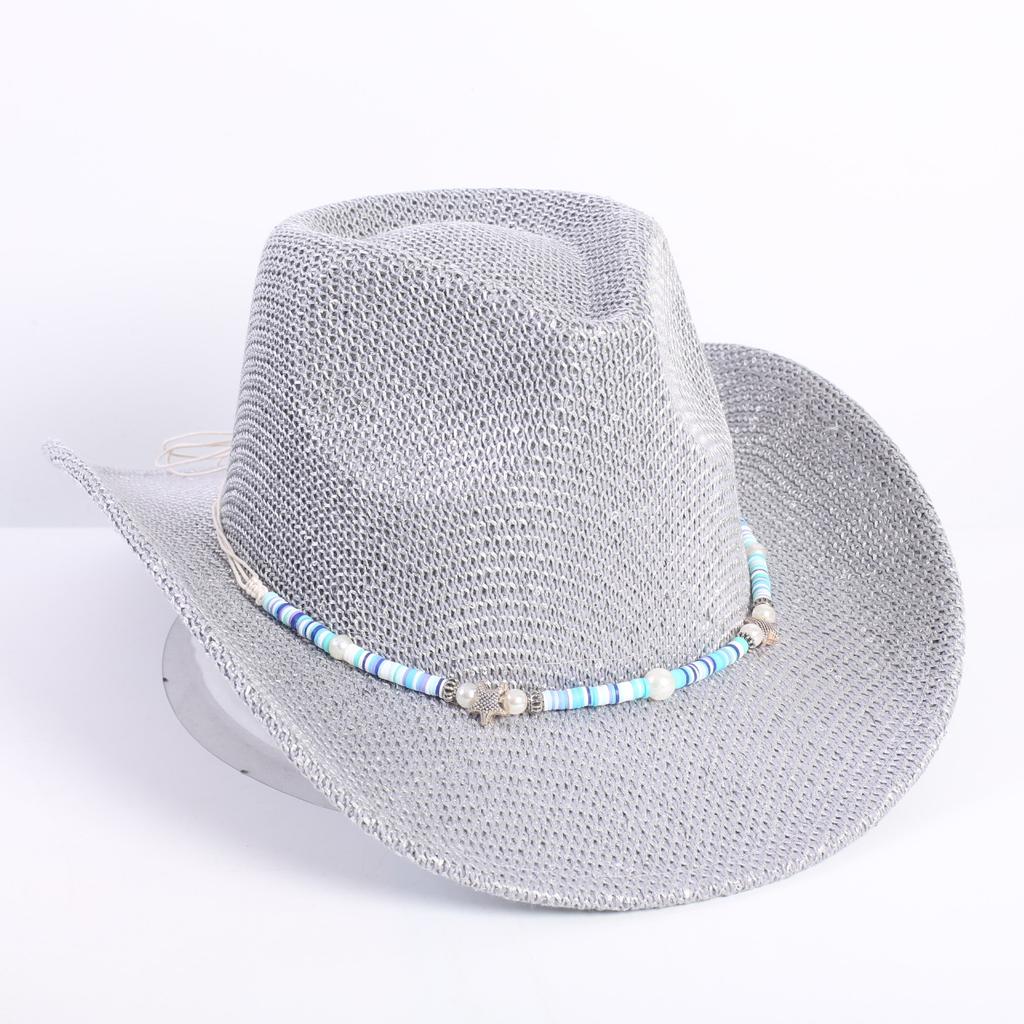 Popular European and American classic western denim straw hat, men's and women's fashion outdoor sunscreen sequined straw hat