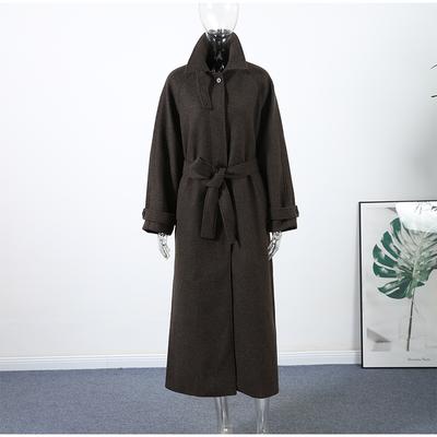 Stehkragen Einreihiger Woll-Schnür-Mantel Damen Herbst und Winter Neu Dicker Mantel Einfarbiger Langer Mode-Mantel