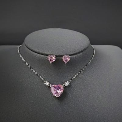 Women Earring Necklace Set Pink Rhinestone Heart Shape Pendant Stainless Ear Neck Decoration Jewelry