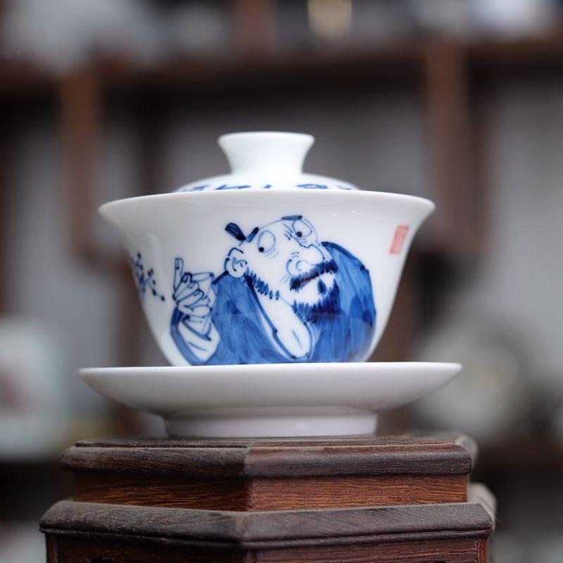 

170ml Blue And White Porcelain Figure Painting Gaiwan Ancient Tea Tureen Tea Bowl With Lid Kit Tea Making Cover Bowl Teaware Cha