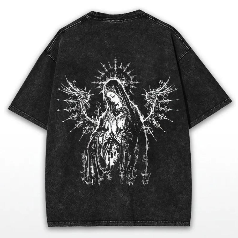 Retro Dark Angel Warrior T-Shirt Oversized Wings and Sword Print Gothic Streetwear Tee Short Sleeve Top