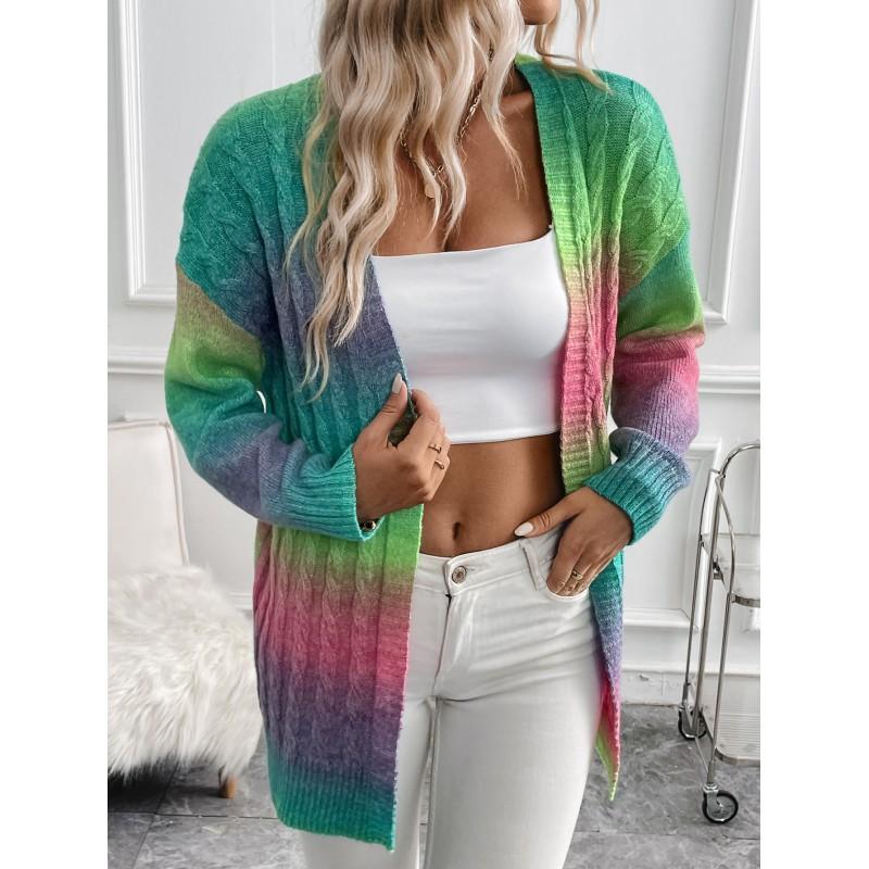 Womens Tie Dye Cardigan Long Sleeve V Neck Knit Sweater Rainbow Mid Length Vacation Street Style