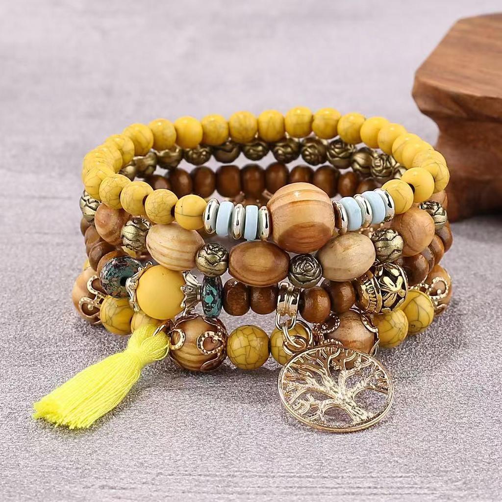 Bohemian Layered Tree of Life Tassel Bracelet Set - 4-Piece Wooden Bead Design