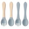 Color Kids 4PCS Silicone Baby Feeding Spoon Fork Set BPA Free Wood Handle Training Utensils For Infants Newborn Accessories