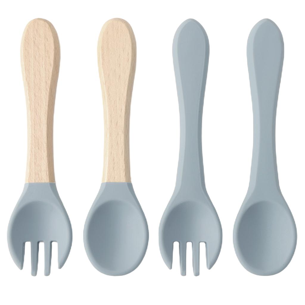 Color Kids 4PCS Silicone Baby Feeding Spoon Fork Set BPA Free Wood Handle Training Utensils For Infants Newborn Accessories