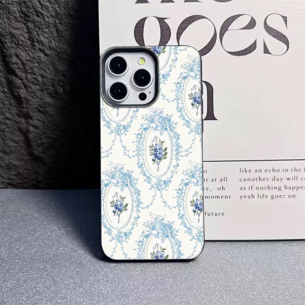 Blue French Rococo Rose Lichee Leather Pattern Phone Case For iPhone 17 16e 16 15 14 13 12 11 Air Pro Max Plus X XR XSMax Cover