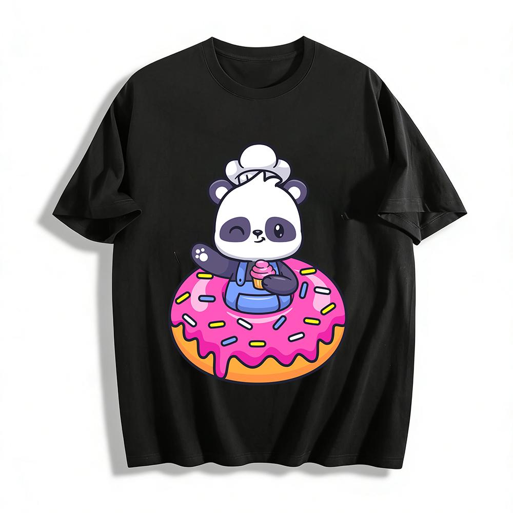 Cute Panda Chef Donut Print Kids Casual T-Shirt Pure cotton T-shirt XXS