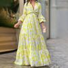 Summer New Europe and The United States Women's Printed Deep V-neck Flared Sleeve Oversized Hem Dresses