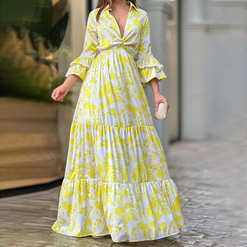 Summer New Europe and The United States Women's Printed Deep V-neck Flared Sleeve Oversized Hem Dresses