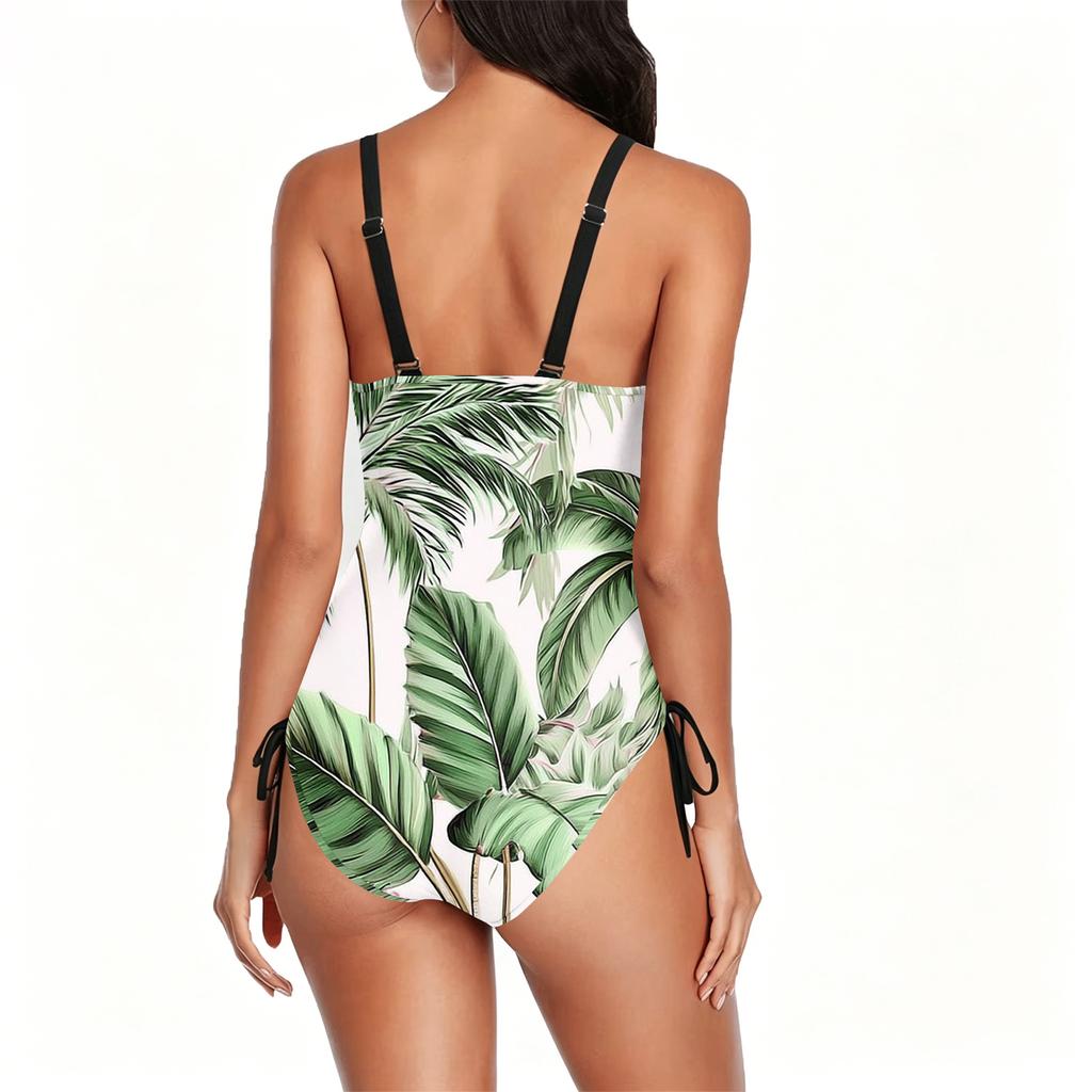 Women Swimsuit Printed Bathing Suit Scoop Neck Adjustable Side Drawstring Athletic Swimwear