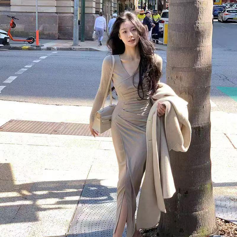 Pure desire style long-sleeved temperament dress autumn slim-fitting tight mid-length waist split skirt long dress