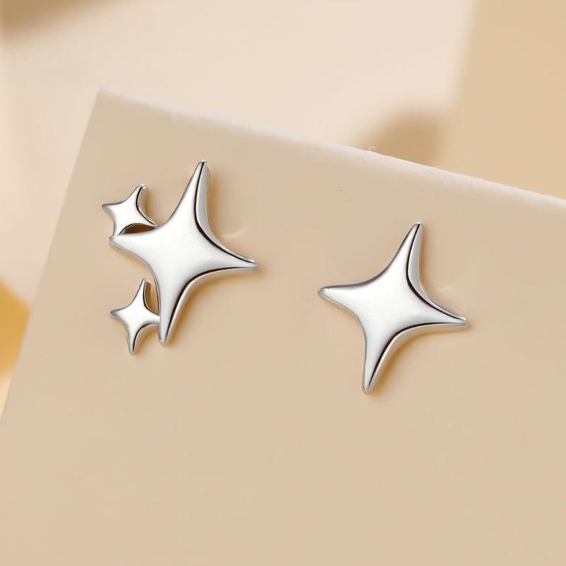 

925 Sterling Silver Asymmetric Star Stud Earrings | Minimalist Gold Plated Four-Pointed Star Earrings for Women