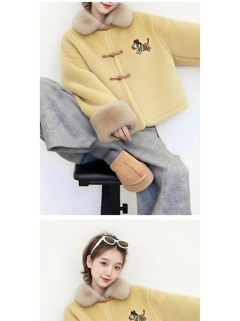Women's Yellow Fox Fur-Lined Plush Lapel Coat - High-End, Eco-Friendly, Oversized Winter Style