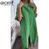 QICED Women's Fashion Summer Spring Solid Color Print POLO Neck High Waist Casual Dresses