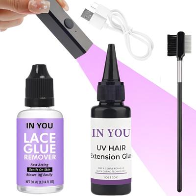 Professional UV Hair Glue Tool Kit with Clear Glue, UV Lamp & Remover for Hair, Eyelash & Wig Extensions