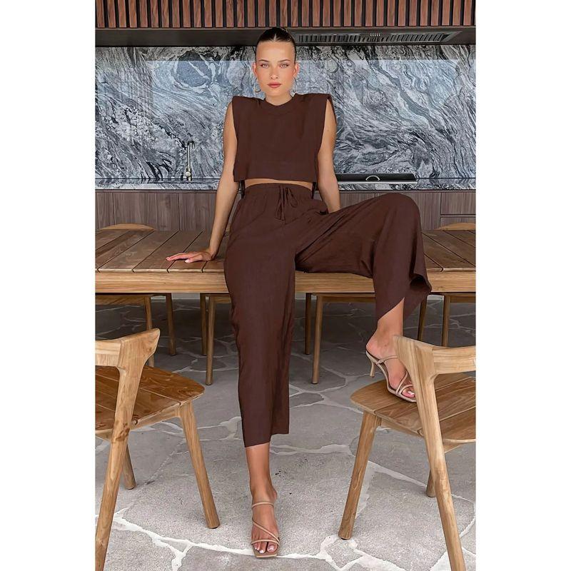 

Two Piece Set of Sleeveless Top and Pants Sleeveless Top and Trousers Two-piece Set BROWN XS