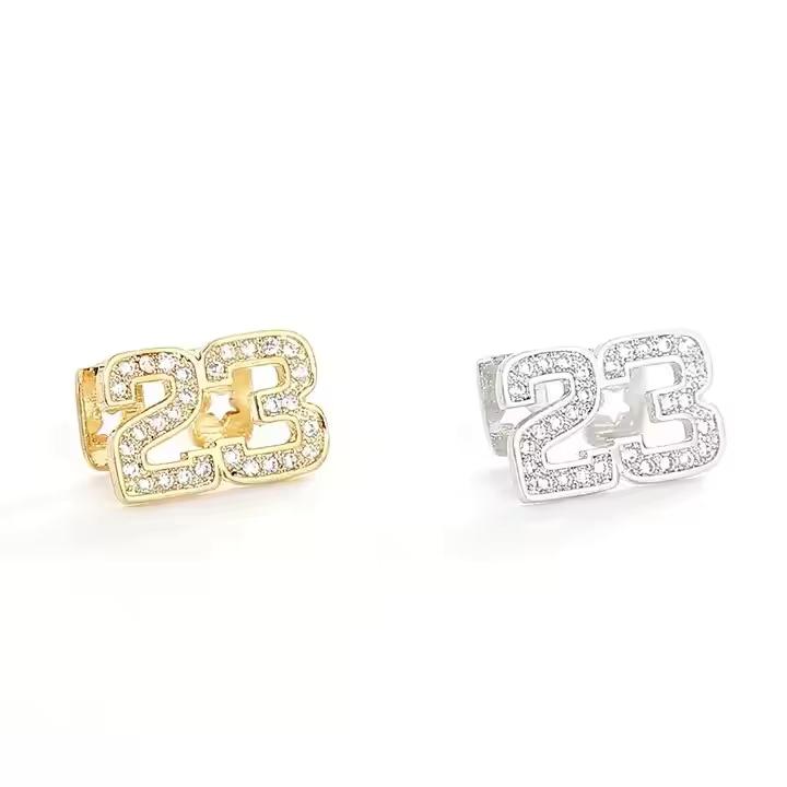 Unique Number 23 Shape Brass Two Tooth Grills Iced Zircon Gold Plated Body Jewelry for Engagement or Anniversary