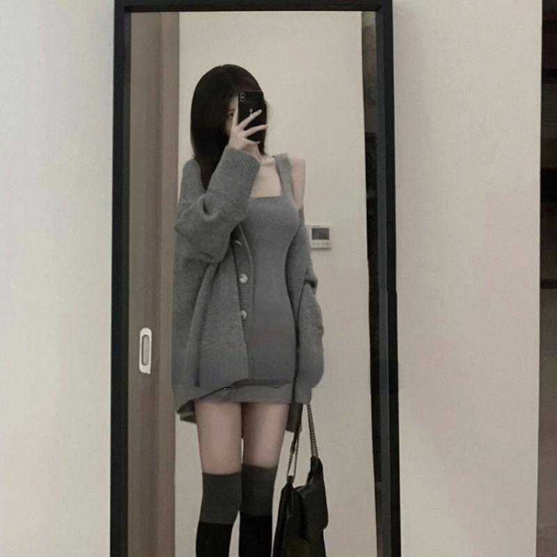 Gray 2 Piece Dress Set Women Casual Long Sleeve Cardigan Bodycon Strap Sweater Dress Evening Party Knitted Suit 2023 Winter