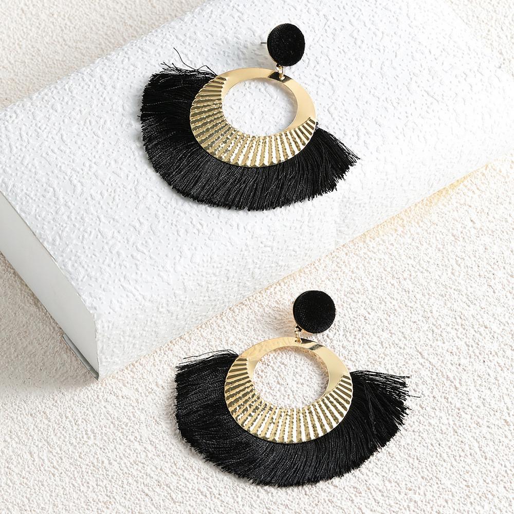 Fashionable Alloy Geometric Tassel Earrings For Women Chic Street Style чёрный