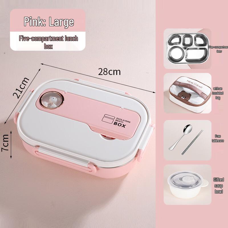 Portable Square 304 Stainless Steel 5-Compartment Insulated Lunch Box