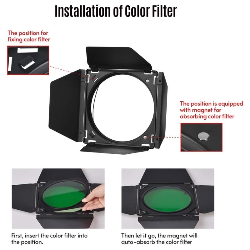 Barn Door & Honeycomb Grid &4 Color Gel Filters for 7Inch Standard Reflectors Studio Hing Accessories Kit