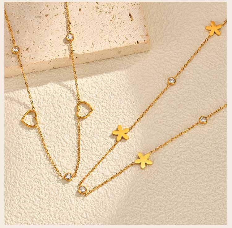316L Stainless Steel Zirconia Heart Flower Chain Necklace, Women's Thin Link Clavicle Chain Choker,  Fashion Temperament Jewelry