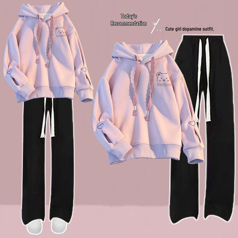 

Толстый повседневный комплект толстовки для девушки в студенческом стиле: Теплый, свободный костюм-двойка с длинным рукавом для осени и весны Medium