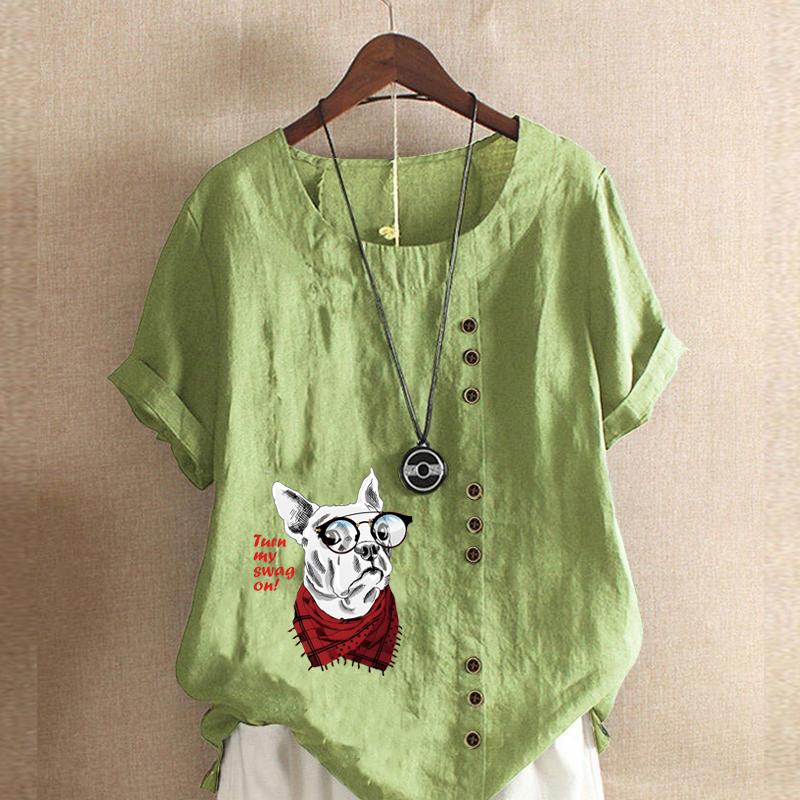 

Женская мода футболка с коротким рукавом и круглым вырезом, повседневная хлопковая льняная рубашка с рисунком, свободная летняя блузка с милым стеклянным собачьим принтом, топы больших размеров 5XL зелёный