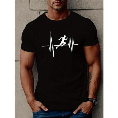 Men'S Running EKG Heartbeat Graphic T-Shirt, Casual Crew Neck Top, Regular Fit Short Sleeve Summer Tee