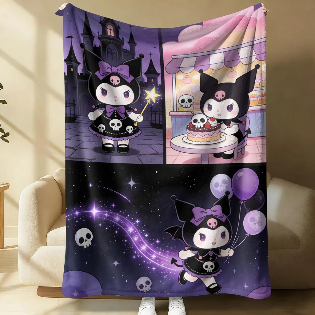 Cute & Spooky Kuromi Throw Flannel Fleece Blanket Soft Warm Fluffy Cute Sofa Bed Cover Office Nap Shawl Lightweight Blanket Gift
