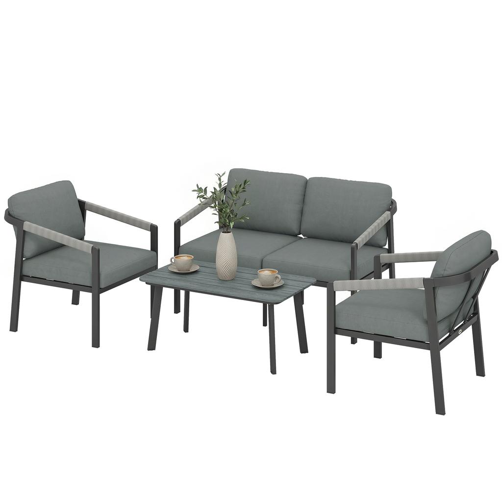 Aluminium Garden Furniture Set, 4 Seater Outdoor Patio Furniture with Loveseat, 2 Armchairs, Slatted Table